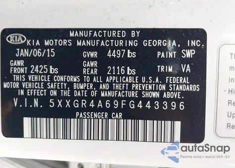 2015 Kia Optima Sxl Turbo z USA, uszkodzony, nr VIN 5XXGR4A69FG443396